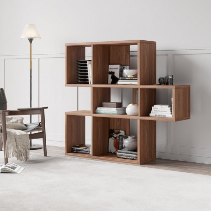 HMR - Modern 3-Tier Geometric Horizontal Bookcase Walnut Wood Bookshelf Storage Display Shelf