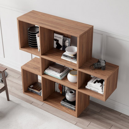 HMR - Modern 3-Tier Geometric Horizontal Bookcase Walnut Wood Bookshelf Storage Display Shelf
