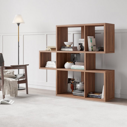 HMR - Modern 3-Tier Geometric Horizontal Bookcase Walnut Wood Bookshelf Storage Display Shelf