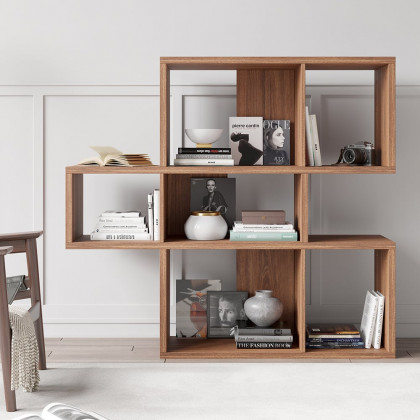 HMR - Modern 3-Tier Geometric Horizontal Bookcase Walnut Wood Bookshelf Storage Display Shelf