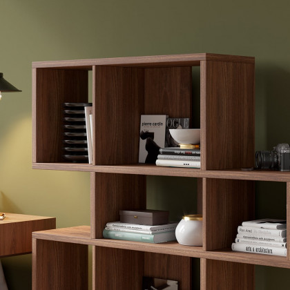 HMR - Modern 3-Tier Geometric Horizontal Bookcase Walnut Wood Bookshelf Storage Display Shelf