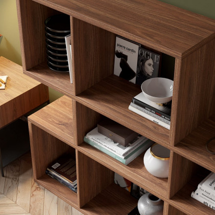 HMR - Modern 3-Tier Geometric Horizontal Bookcase Walnut Wood Bookshelf Storage Display Shelf
