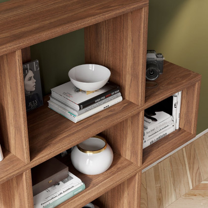 HMR - Modern 3-Tier Geometric Horizontal Bookcase Walnut Wood Bookshelf Storage Display Shelf