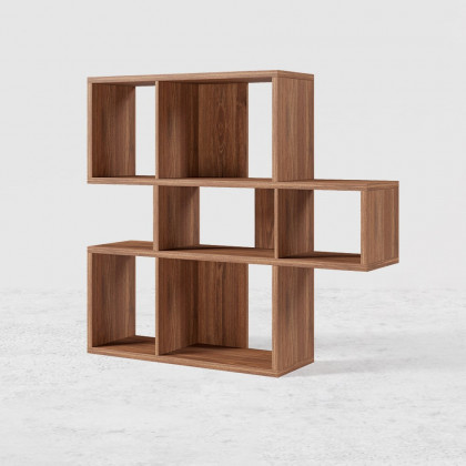 HMR - Modern 3-Tier Geometric Horizontal Bookcase Walnut Wood Bookshelf Storage Display Shelf