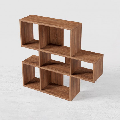 HMR - Modern 3-Tier Geometric Horizontal Bookcase Walnut Wood Bookshelf Storage Display Shelf