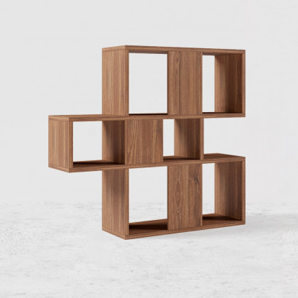 HMR - Modern 3-Tier Geometric Horizontal Bookcase Walnut Wood Bookshelf Storage Display Shelf