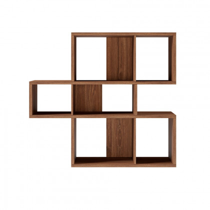 HMR - Modern 3-Tier Geometric Horizontal Bookcase Walnut Wood Bookshelf Storage Display Shelf