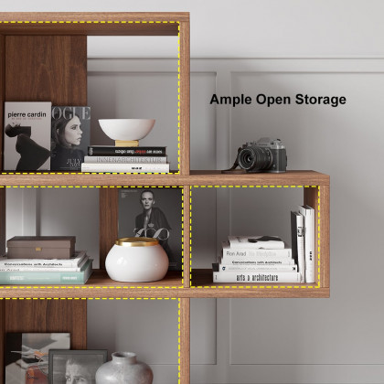 HMR - Modern 3-Tier Geometric Horizontal Bookcase Walnut Wood Bookshelf Storage Display Shelf