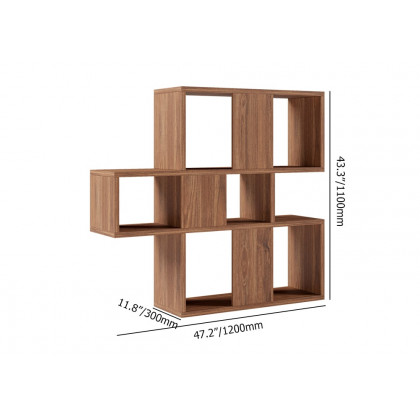 HMR - Modern 3-Tier Geometric Horizontal Bookcase Walnut Wood Bookshelf Storage Display Shelf