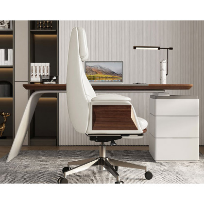HMR Modern White Computer Desk & Leather Office Desk Chair Set High Back Adjustable - White, 55.1"L x 27.6"W x 29.5"H