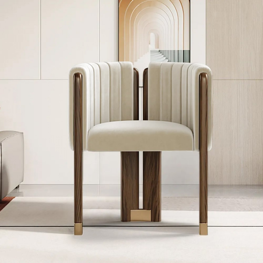 HMR Velvet Fluted Upholstered Accent Chair with Wood Frame - Beige