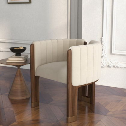HMR Velvet Fluted Upholstered Accent Chair with Wood Frame - Beige