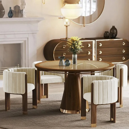 HMR Velvet Fluted Upholstered Accent Chair with Wood Frame - Beige