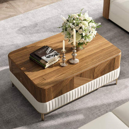 HMR Wovent Walnut & Leather Living Room Set - Walnut, TV Stand & Coffee Table & Side Cabinet Set