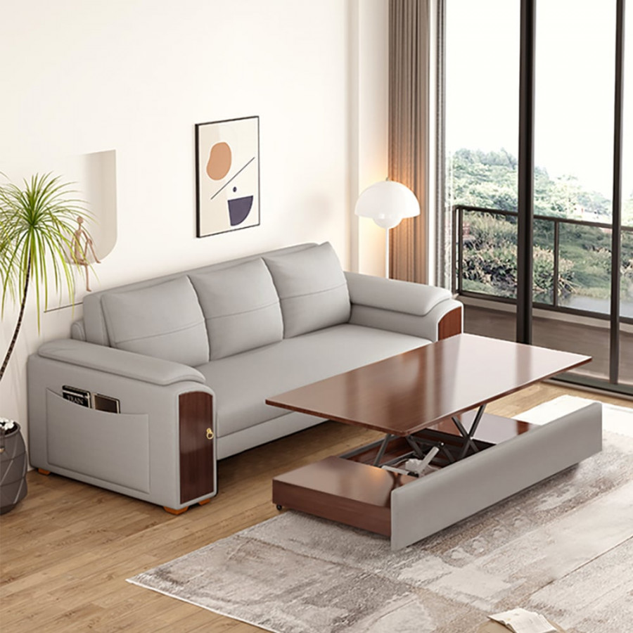 HMR - 94.5" Gray Pull Out Sofa Bed Convertible Leath-Aire Sleeper with Lift-top Coffee Table
