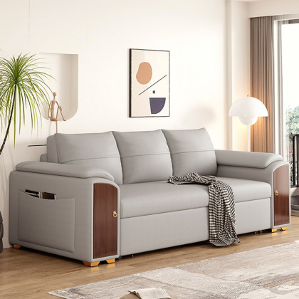 HMR - 94.5" Gray Pull Out Sofa Bed Convertible Leath-Aire Sleeper with Lift-top Coffee Table