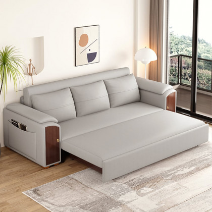 HMR - 94.5" Gray Pull Out Sofa Bed Convertible Leath-Aire Sleeper with Lift-top Coffee Table
