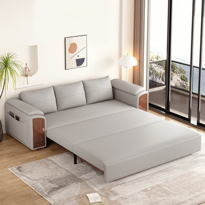 HMR - 94.5" Gray Pull Out Sofa Bed Convertible Leath-Aire Sleeper with Lift-top Coffee Table