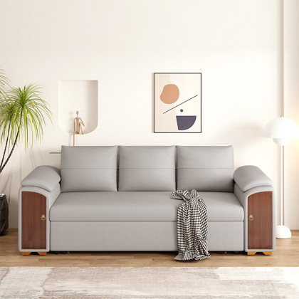 HMR - 94.5" Gray Pull Out Sofa Bed Convertible Leath-Aire Sleeper with Lift-top Coffee Table