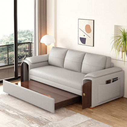 HMR - 94.5" Gray Pull Out Sofa Bed Convertible Leath-Aire Sleeper with Lift-top Coffee Table