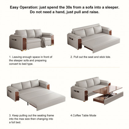 HMR - 94.5" Gray Pull Out Sofa Bed Convertible Leath-Aire Sleeper with Lift-top Coffee Table