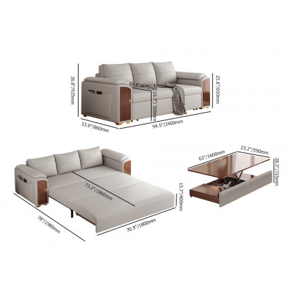 HMR - 94.5" Gray Pull Out Sofa Bed Convertible Leath-Aire Sleeper with Lift-top Coffee Table