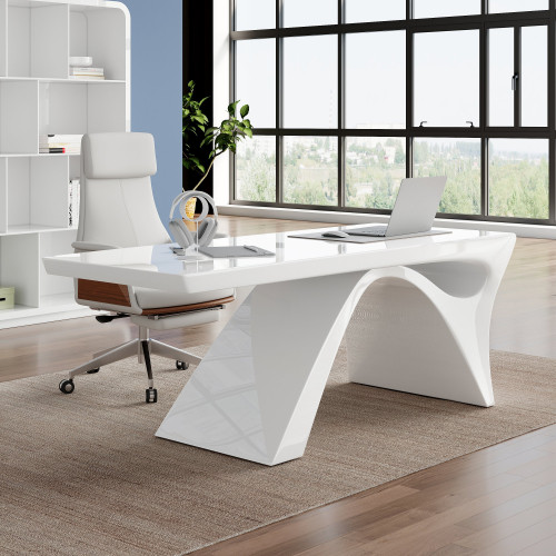 HMR Modern White Computer Desk & Leather Office Desk Chair Set High Back Adjustable - White, 70.9"L x 27.6"W x 29.5"H