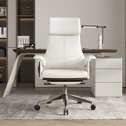 HMR Modern White Computer Desk & Leather Office Desk Chair Set High Back Adjustable - White, 70.9"L x 27.6"W x 29.5"H