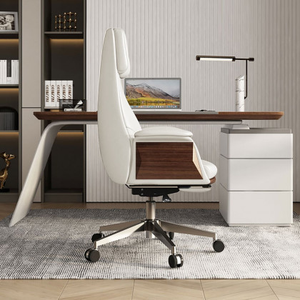 HMR Modern White Computer Desk & Leather Office Desk Chair Set High Back Adjustable - White, 70.9"L x 27.6"W x 29.5"H