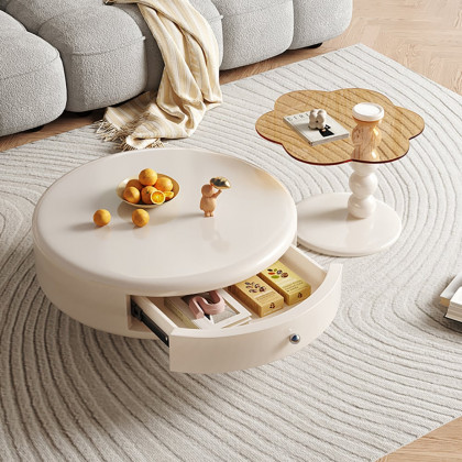 HMR - Modern Off-white Rotatable Coffee Tables 2-Piece Tea Glass Side Table with 2 Drawers