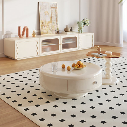 HMR - Modern Off-white Rotatable Coffee Tables 2-Piece Tea Glass Side Table with 2 Drawers