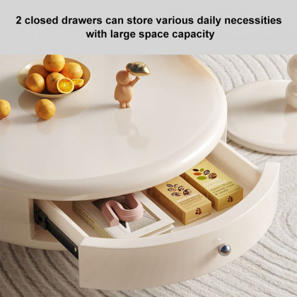 HMR - Modern Off-white Rotatable Coffee Tables 2-Piece Tea Glass Side Table with 2 Drawers