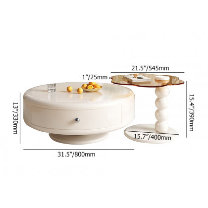 HMR - Modern Off-white Rotatable Coffee Tables 2-Piece Tea Glass Side Table with 2 Drawers