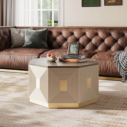 HMR - Mid Century Modern Block Coffee Table in Light Gray & Champagne with Octagonal Tabletop