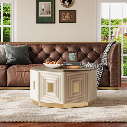 HMR - Mid Century Modern Block Coffee Table in Light Gray & Champagne with Octagonal Tabletop