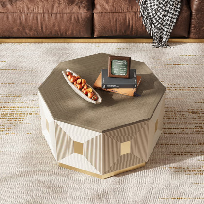 HMR - Mid Century Modern Block Coffee Table in Light Gray & Champagne with Octagonal Tabletop