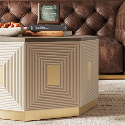 HMR - Mid Century Modern Block Coffee Table in Light Gray & Champagne with Octagonal Tabletop