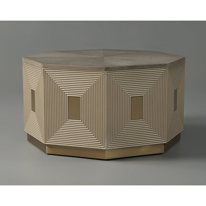 HMR - Mid Century Modern Block Coffee Table in Light Gray & Champagne with Octagonal Tabletop