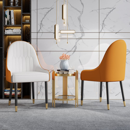 HMR Darg Series Modern PU Leather Upholstery Dining Chairs - White/Orange, Set of 4