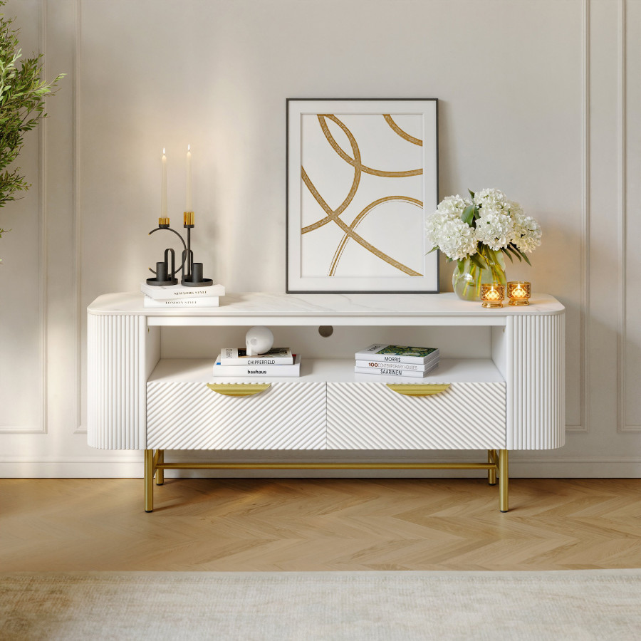HMR - 50" White Sintered Stone Top Fluted TV Stand with Storage