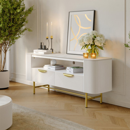 HMR - 50" White Sintered Stone Top Fluted TV Stand with Storage