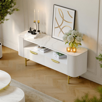 HMR - 50" White Sintered Stone Top Fluted TV Stand with Storage