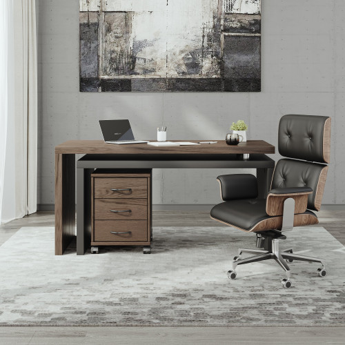 HMR Modern Swivel Desk & Home Office Chair Set L-Shaped Rotating Desk Adjustable - Black & Walnut