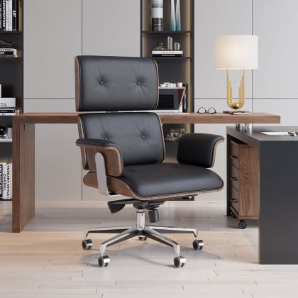 HMR Modern Swivel Desk & Home Office Chair Set L-Shaped Rotating Desk Adjustable - Black & Walnut