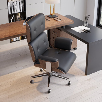 HMR Modern Swivel Desk & Home Office Chair Set L-Shaped Rotating Desk Adjustable - Black & Walnut