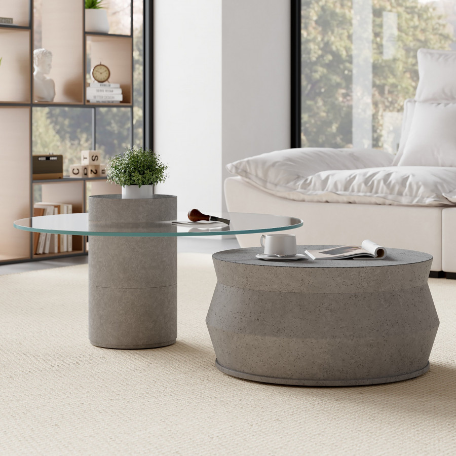 HMR - Set of 2 Round Nesting Coffee Table Set Glass Modern Concrete Gray Drum Coffee Table