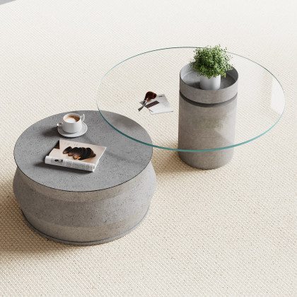 HMR - Set of 2 Round Nesting Coffee Table Set Glass Modern Concrete Gray Drum Coffee Table