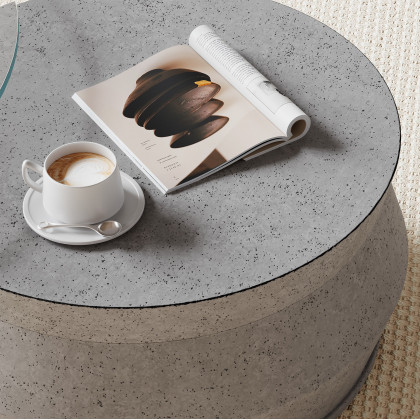 HMR - Set of 2 Round Nesting Coffee Table Set Glass Modern Concrete Gray Drum Coffee Table