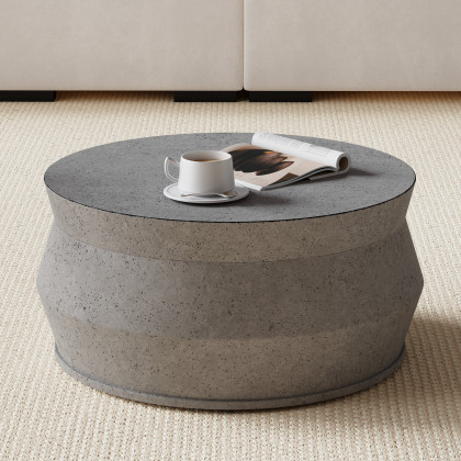 HMR - Set of 2 Round Nesting Coffee Table Set Glass Modern Concrete Gray Drum Coffee Table