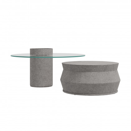 HMR - Set of 2 Round Nesting Coffee Table Set Glass Modern Concrete Gray Drum Coffee Table